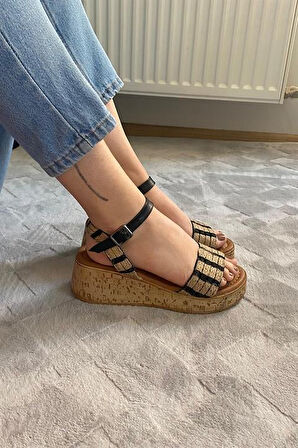 Kadın Siyah Hasır Detay Kalın Mantar Taban Ortopedik  Sandalet  K-230