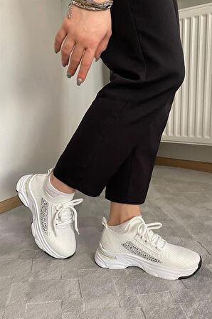Kadın Beyaz Triko Taşlı Spor Ayakkabı & Sneaker
