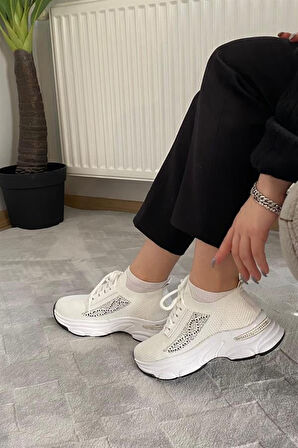 Kadın Beyaz Triko Taşlı Spor Ayakkabı & Sneaker