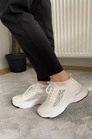Kadın Beyaz Triko Taşlı Spor Ayakkabı & Sneaker