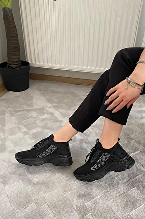 Kadın Siyah Triko Taşlı Spor Ayakkabı & Sneaker