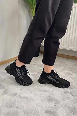 Kadın Siyah Triko Taşlı Spor Ayakkabı & Sneaker