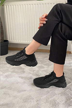 Kadın Siyah Triko Taşlı Spor Ayakkabı & Sneaker