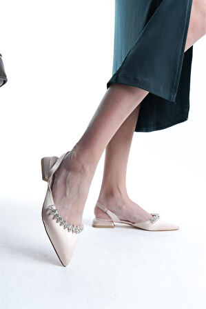 Kadın Best Krem Ten Saten Taşlı Arkası Açık Lastikli 2,5 Cm Kısa Blok Topuklu