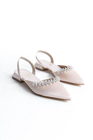 Kadın Best Krem Ten Saten Taşlı Arkası Açık Lastikli 2,5 Cm Kısa Blok Topuklu