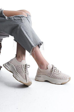 Kadın Ten Triko Taşlı Spor Ayakkabı & Sneaker