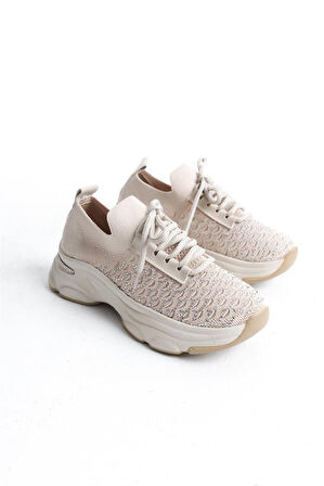 Kadın Ten Triko Taşlı Spor Ayakkabı & Sneaker