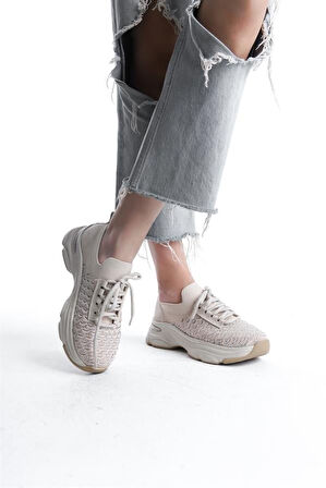 Kadın Ten Triko Taşlı Spor Ayakkabı & Sneaker