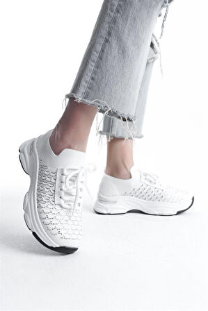 Kadın Beyaz Triko Taşlı Spor Ayakkabı & Sneaker