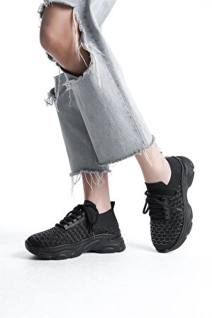 Kadın Siyah Triko Taşlı Spor Ayakkabı & Sneaker