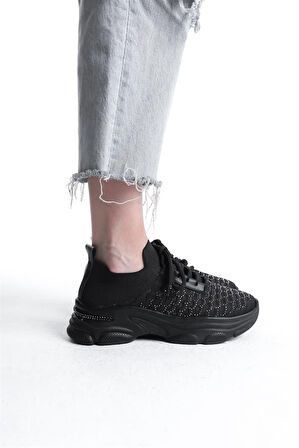 Kadın Siyah Triko Taşlı Spor Ayakkabı & Sneaker