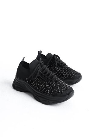 Kadın Siyah Triko Taşlı Spor Ayakkabı & Sneaker