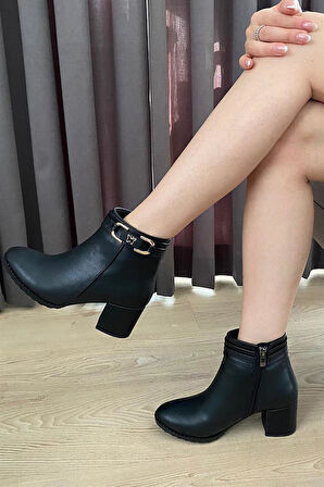 Kadın Hana Siyah Cilt Kelebek Tokalı ( 6 cm ) Topuklu Oval Burun Bot