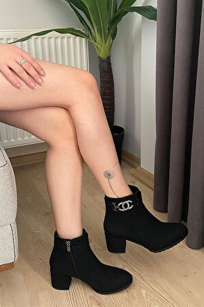 Kadın Hana Siyah Zümrür Taşlı Tokalı ( 6 cm ) Topuklu Oval Burun Bot