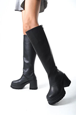 Kadın Siyah Cilt Döner Fermuarlı 8 Cm Platform Topuklu Diz Altı Çizme
