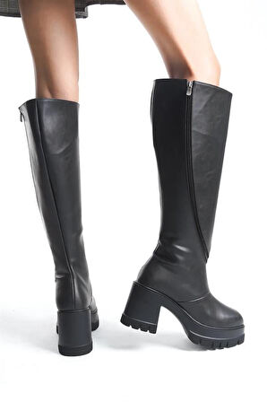 Kadın Siyah Cilt Döner Fermuarlı 8 Cm Platform Topuklu Diz Altı Çizme