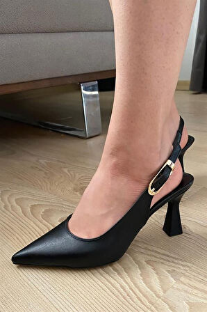 Kadın Motto Siyah Cilt Sivri Burun Arkası Acık 8 cm Topuklu Ayakkabı