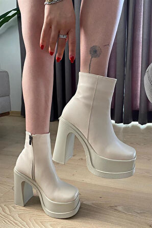 Kadın Krem 12 cm Platform Topuklu Fermuarlı Bot