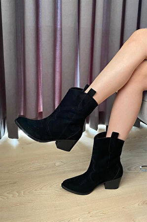 Kadın Siyah Süet Kısa Topuklu Kovboy Bot