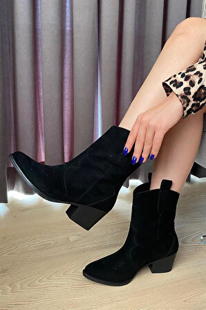 Kadın Siyah Süet Kısa Topuklu Kovboy Bot