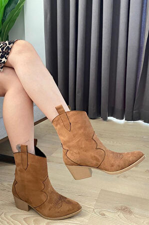 Kadın Taba Süet Kısa Topuklu Kovboy Bot