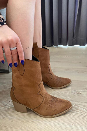 Kadın Taba Süet Kısa Topuklu Kovboy Bot