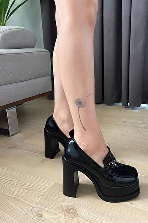 Kadın Siyah Rugan İnce Tokalı Lofer Model 12 cm  Platform Topuklu Ayakkabı