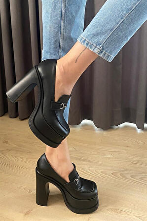 Kadın Siyah Deri İnce Tokalı Lofer Model 12 cm  Platform Topuklu Ayakkabı