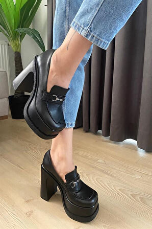 Kadın Siyah Deri İnce Tokalı Lofer Model 12 cm  Platform Topuklu Ayakkabı