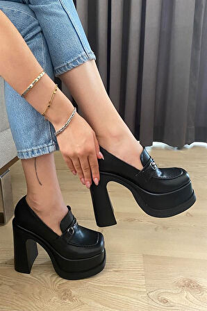 Kadın Siyah Deri İnce Tokalı Lofer Model 12 cm  Platform Topuklu Ayakkabı