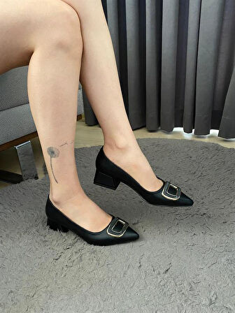 Kadın Pita Siyah Deri Tokalı  Stiletto Alcak Ökçe Abiye Ayakkabı