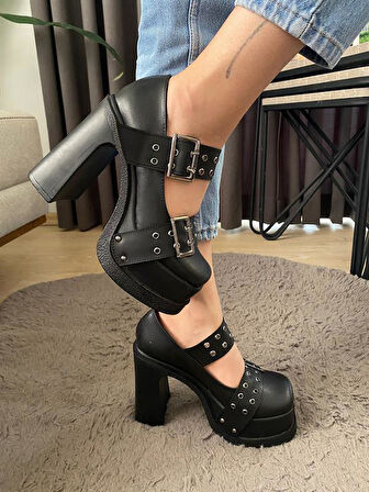 Kadın Sıyah Deri İki Tokalı Kapsul Detaylı 12 cm Platform Topuklu Ayakkabı