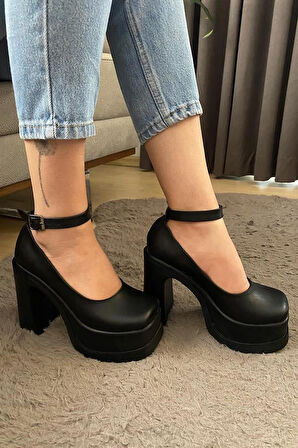 Kadın Siyah Deri Bilekten Bağlamal (12 cm ) Platform Topuklu Ayakkabı