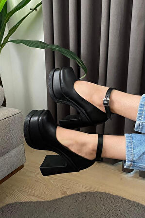 Kadın Siyah Deri Bilekten Bağlamal (12 cm ) Platform Topuklu Ayakkabı