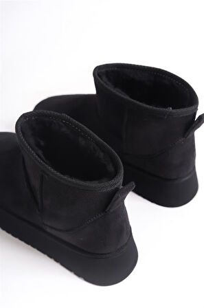 Kadın Siyah Süet İçi Kürklü Kalın Tabanli (4,5 cm ) Mini Kısa Bot