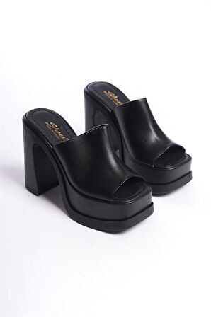 Kadın Siyah Geniş Bantlı (12 cm ) Platform Topuklu Terlik