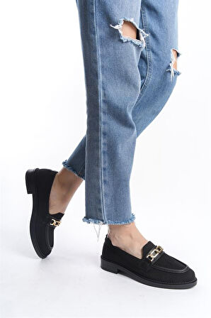 Kadın Eyzy Siyah Triko Tokalı Lofer Mokosen Babet Ayakkabı