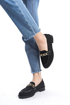 Kadın Eyzy Siyah Triko Tokalı Lofer Mokosen Babet Ayakkabı