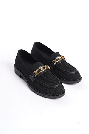 Kadın Eyzy Siyah Triko Tokalı Lofer Mokosen Babet Ayakkabı