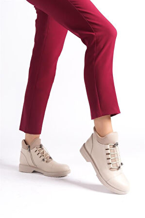 Kadın Krem Streç ve Bağcık Tedaylı Bilek Boy Termo Taban Bot