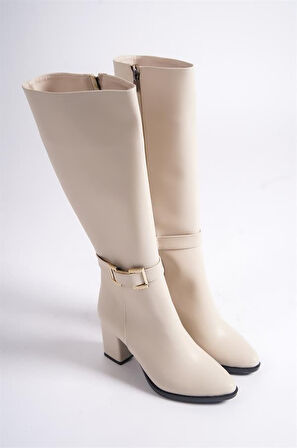 Kadın Paris Krem Tokalı Detaylı Yandan Fermuarlı Diz Altı Cizme 410