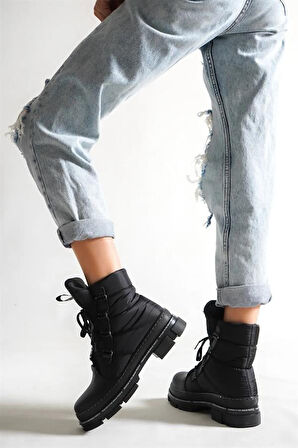 Kadın Siyah Paraşüt Kumaş Kar Botu