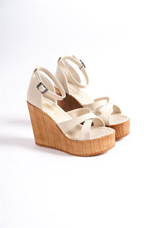 Kadın Bej Çapraz Bant Yüksek Topuklu Dolgu Taban Ayakkabı