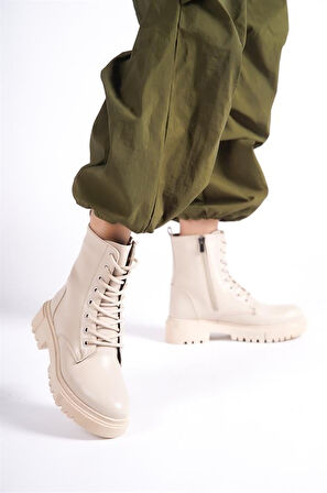 Kadın Bej Postal Fermuarlı Bağcıklı Kaymaz Kalın Taban Bot