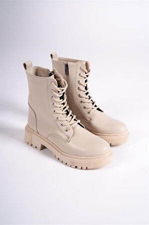 Kadın Bej Postal Fermuarlı Bağcıklı Kaymaz Kalın Taban Bot