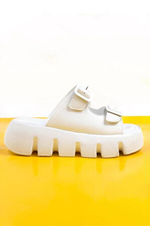 Kadın Beyaz Çift Bant Kalın Taban Ortopedik  Sandalet Terlik