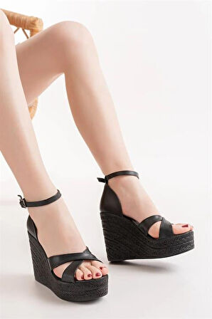 Kadın Verla Çapraz Bant Yüksek Topuklu Dolgu Taban Ayakkabı