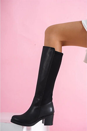 Kadın Siyah Cilt Topuklu Arka Dalgıç Kumaş Çizme
