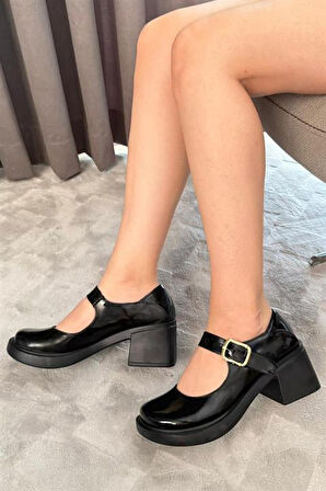 Kadın Sofya Siyah Rugan 6 cm Tek Baretli Topuklu Lofer Ayakkabı