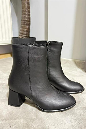 Kadın Marta Siyah Kalın Topuklu Yumurta  Burun Fermuarlı Bot